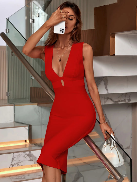 Women's Fashion Spring Summer Sexy Elegant Red Midi Suspender Blackless Bodycon Bandage Dress Party Cocktail Evening Dress Cloth