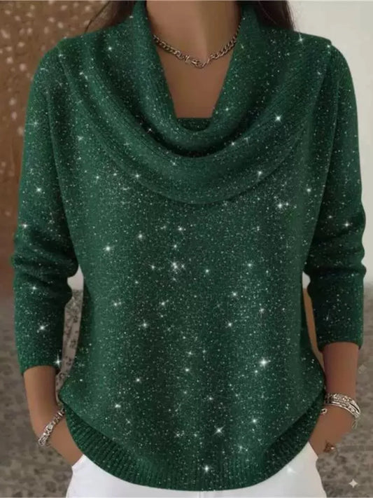Fashion Sequins Knit Sweater Women Casual Pile Collar Long Sleeve Pullover Holiday Party Top