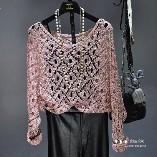 Fall Clothes for Women 2024 Fashion Sexy Sequins Hollow Out Loose Gold Bright Silk Gown Bats Long-sleeved Round Collar Knitting