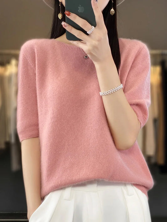 100% Pure Wool Women’s O-Neck Pullover T-Shirt – Spring Summer Loose Short Sleeve High-End Sweater Top