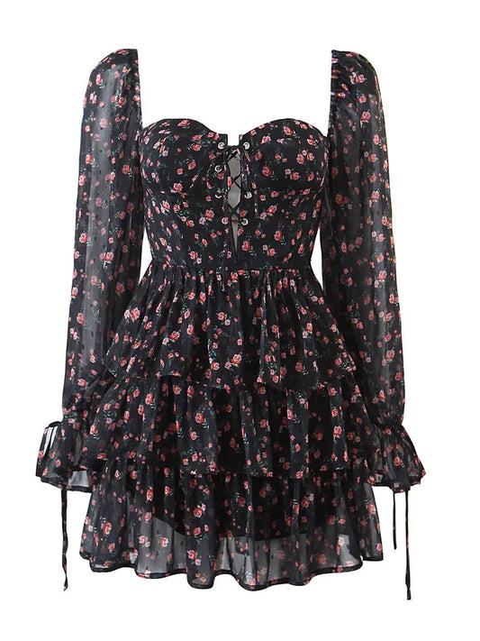 E 2022 Fashion Women Vintage Floral Print Chiffon Dress Sexy Semi-Sheer Long Sleeve Layered Ruffle Ladies Short Dress