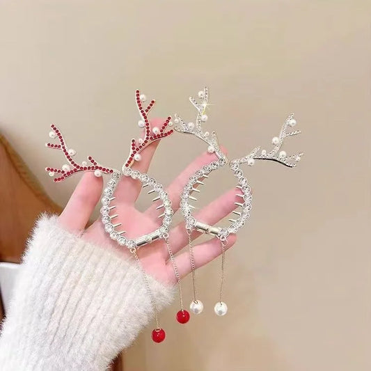 Christmas Reindeer Antler Hair Clip Rhinestone Circular Base Festive Holiday Hair Accessories, Christmas Hair Accessories