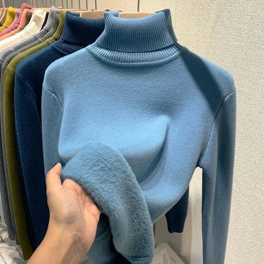 2025 New Thickened High Collar Pullover Women’s Sweater Top Winter Warm Solid Color Inner Wear Bottoming Shirt