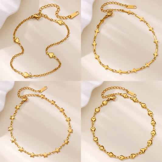 Stainless Steel Cross Anklets for Women Gold Color Star Cross Heart Anklets femme Fashion Wedding Waterproof Jewelry Gift