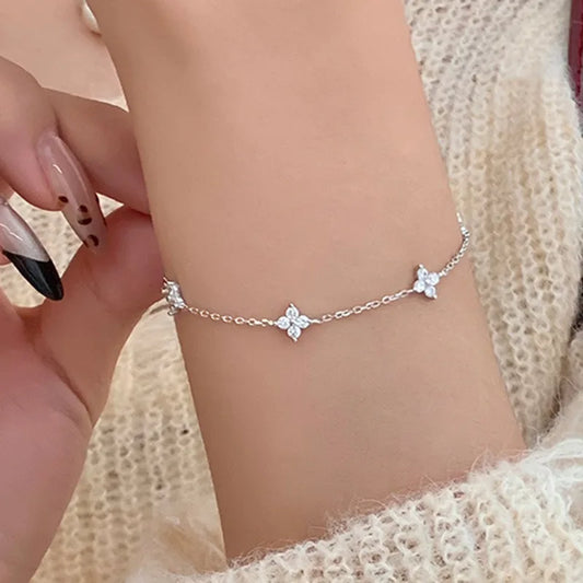 925 Sterling Silver Crystal Flower Bracelet | Korean Style Chain | Women Girls Fashion Jewelry Party Gift