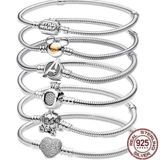 100% S925 Sterling Silver Heart-Shaped Crown Snake Bone Bracelet – Original DIY Bracelet for Women’s Fashion Jewelry